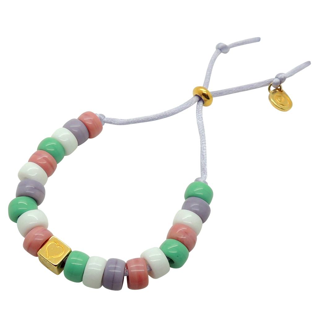 Dana Levy Personalised Initial Alphabet Cube Charm Candy Bead Satin Cord Bracelet with a Heart Charm and Pastel Bead Mix on Lilac Cord.