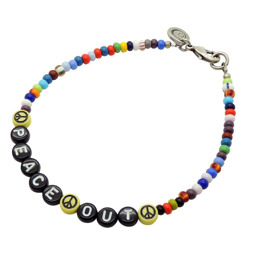 Dana Levy Personalised Name Balagan Glass Bead Anklet - Peace Out / Black Letters White Text / Yellow Peace Symbol Beads