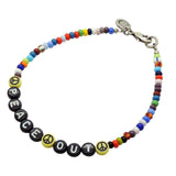 Dana Levy Personalised Name Balagan Glass Bead Anklet - Peace Out / Black Letters White Text / Yellow Peace Symbol Beads
