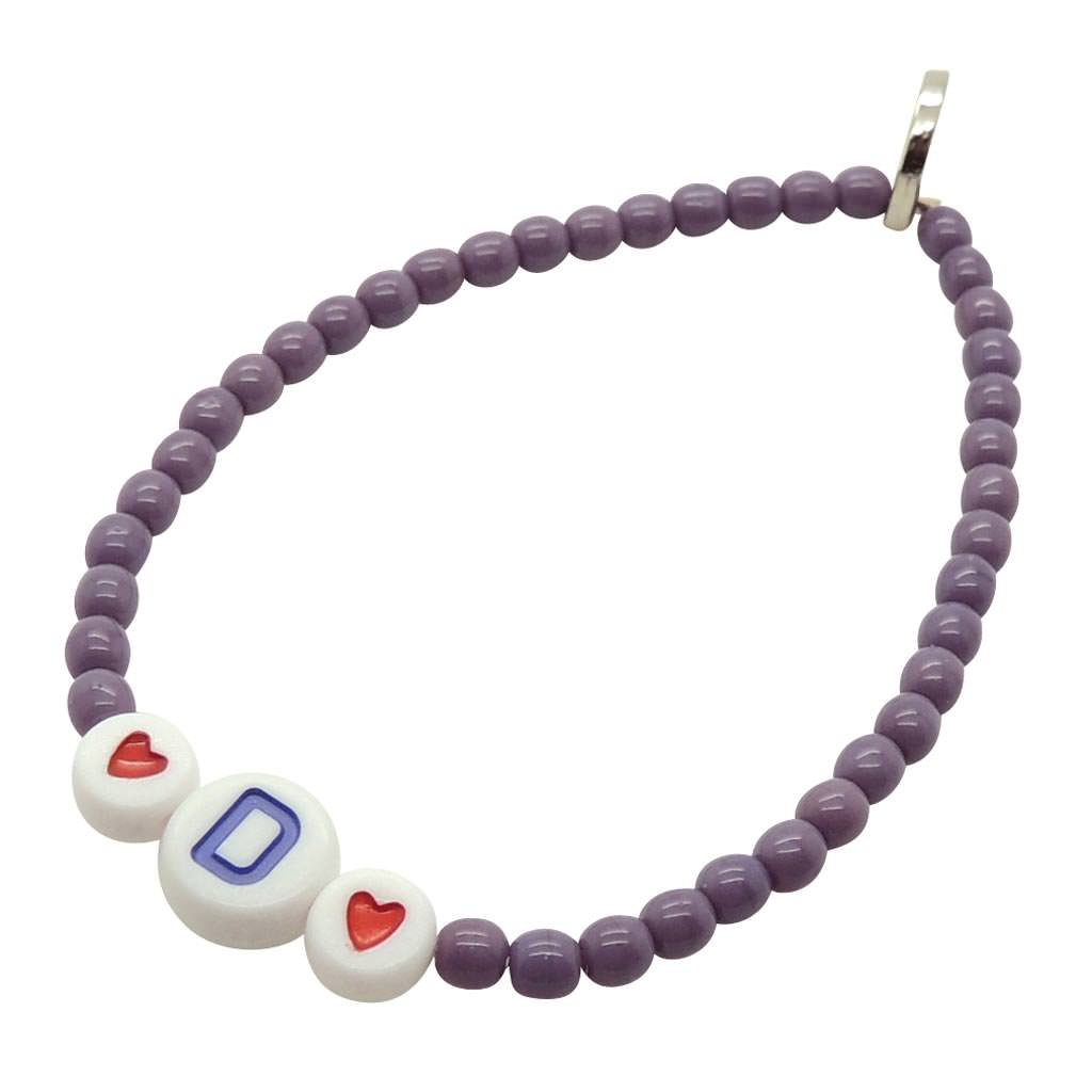 Dana Levy Maxi Multicolour Initial Alphabet Charm Glass Bead Bracelet - D /Dark Lilac / White Red Hearts