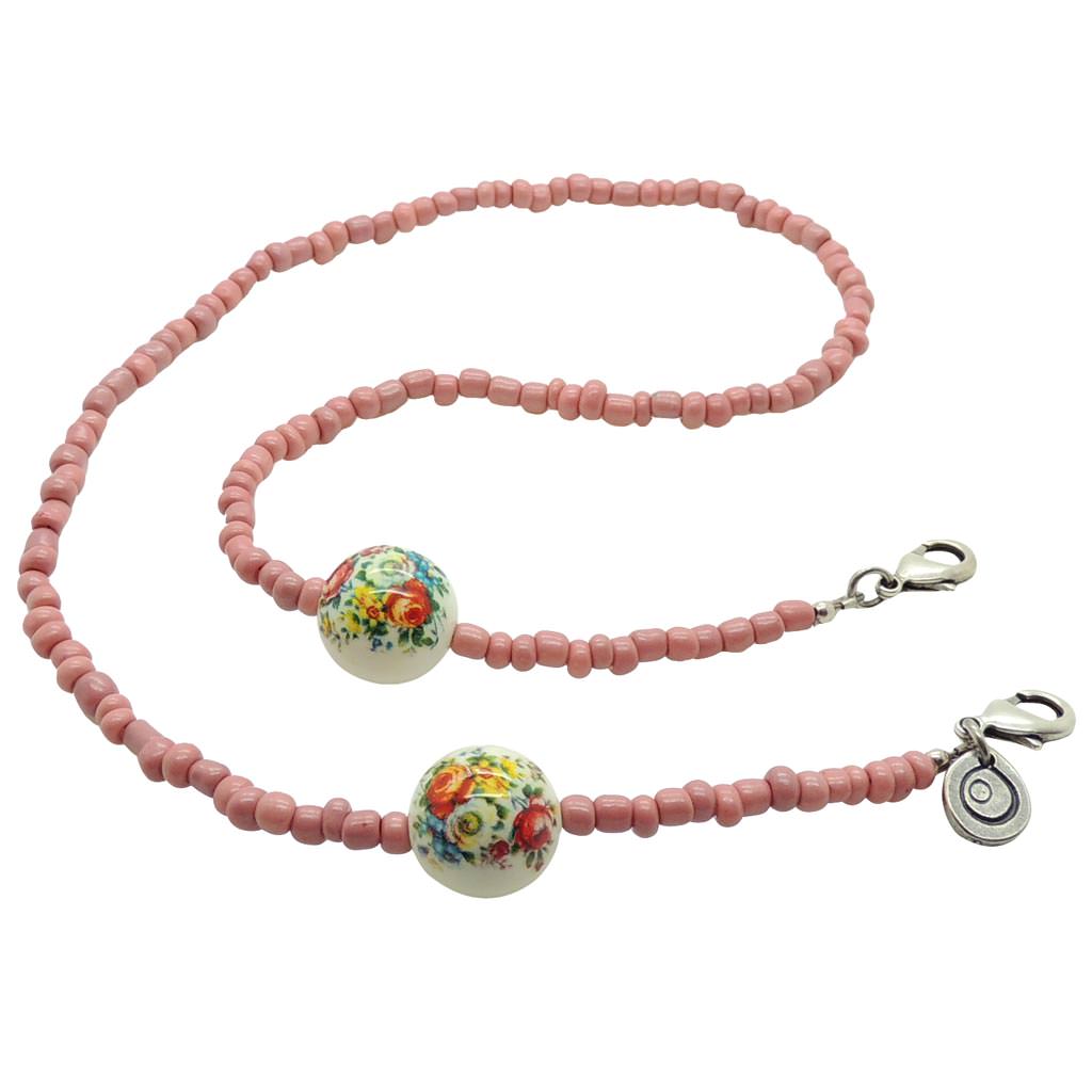 Dana Levy Retro Floral Charm Beaded Face Covering Chain - Dusty Pink Antique Silver