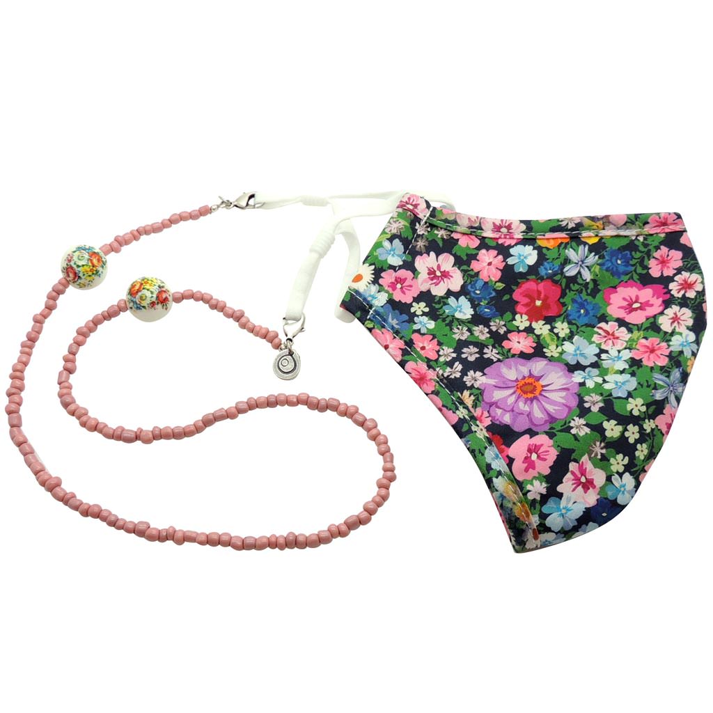 Dana Levy Retro Floral Charm Beaded Face Covering Chain - Dusty Pink with Floral Meadows Face Covering