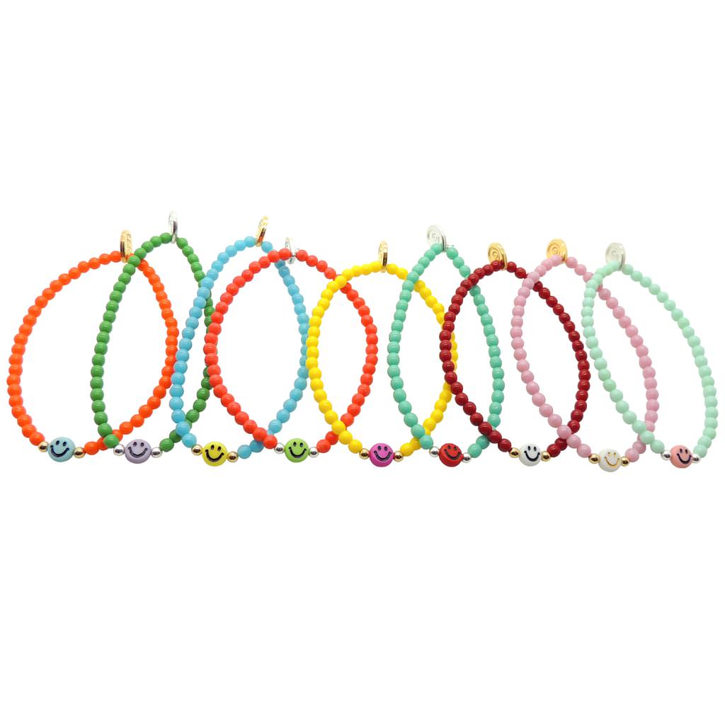Dana Levy Multicolour Mini Smiley Symbol Charm Glass Bead Bracelet - Group Flatlay