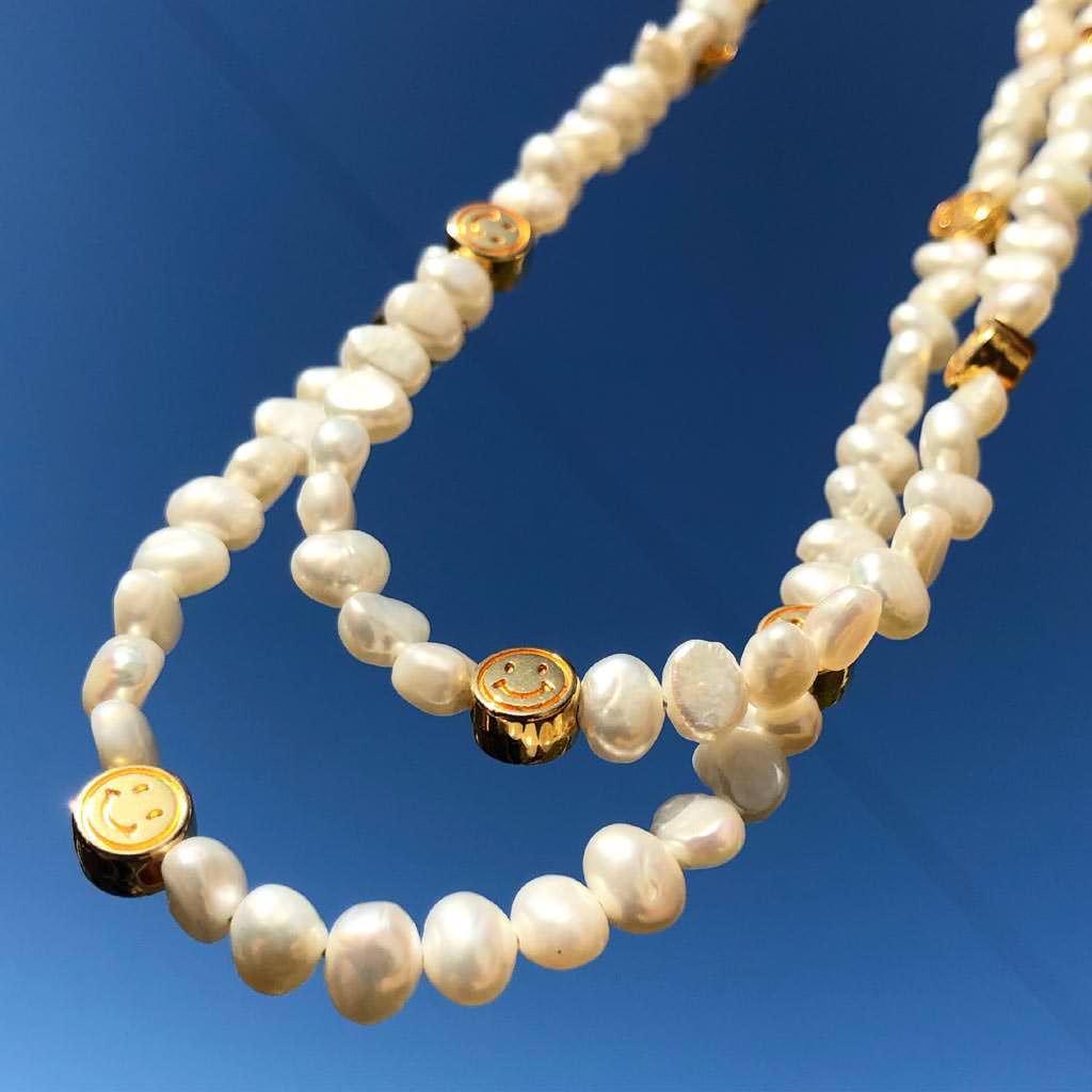 Dana Levy Midas Smiley Charm Freshwater Pearl Choker - Detail Blue Sky