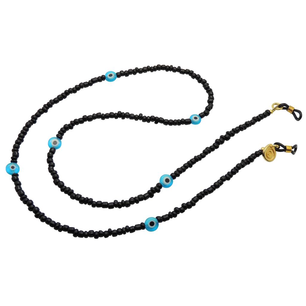 Dana Levy Evil Eye Charm Beaded Glasses Chain - Turquoise Evil Eye / Black Glass beads / Gold Plate