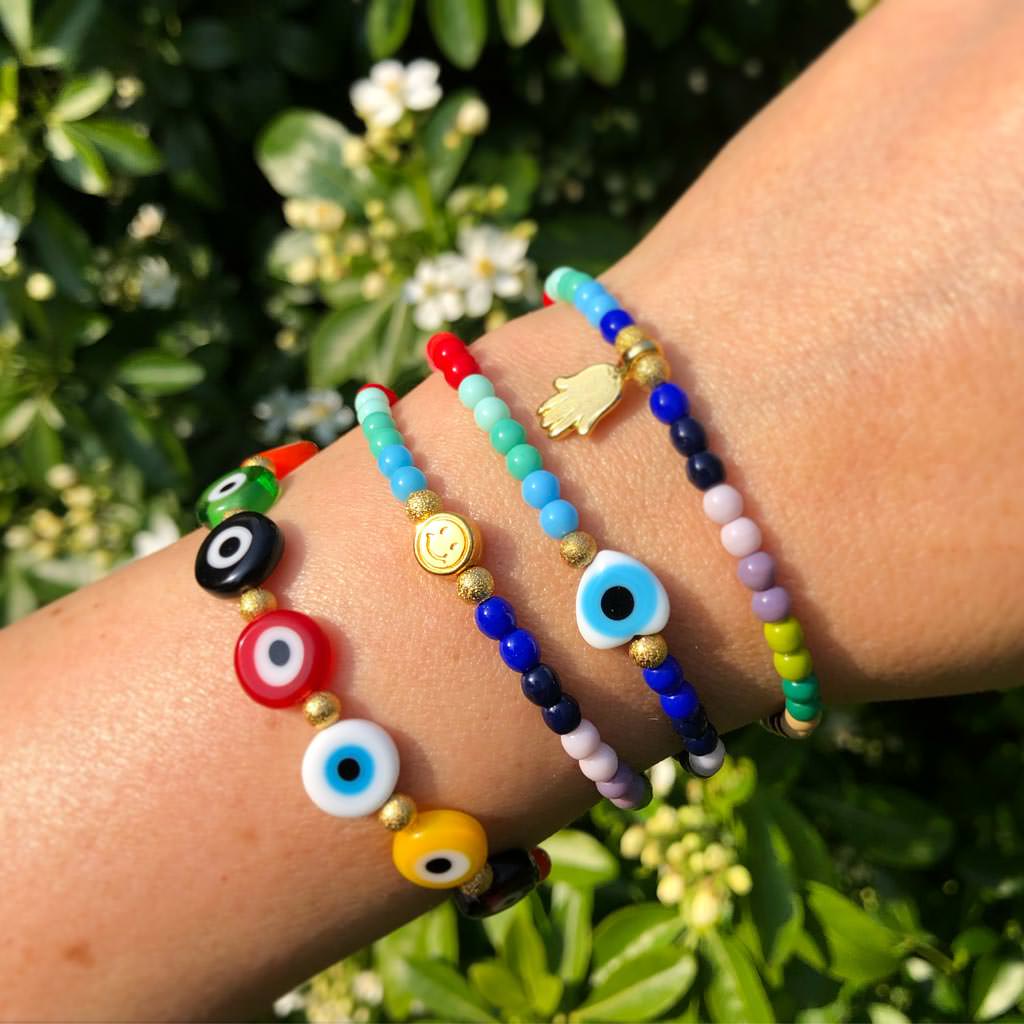 Dana Levy Men's Mini Hamsa Hand Rainbow Glass Bead Bracelet - Rainbow Bracelets Mix on Wrist