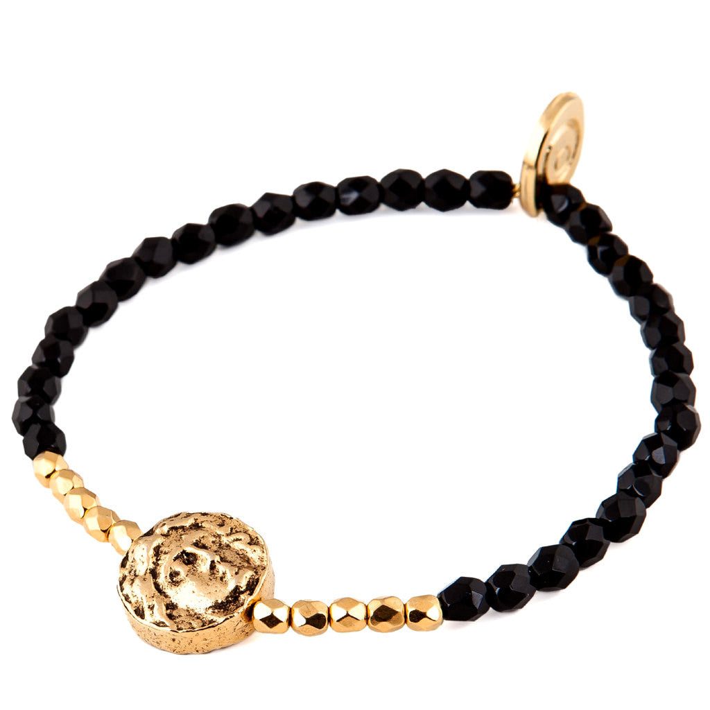 Dana Levy Ancient Roman Coin Charm Faceted Glass Bead Bracelet - Gold Jet Black