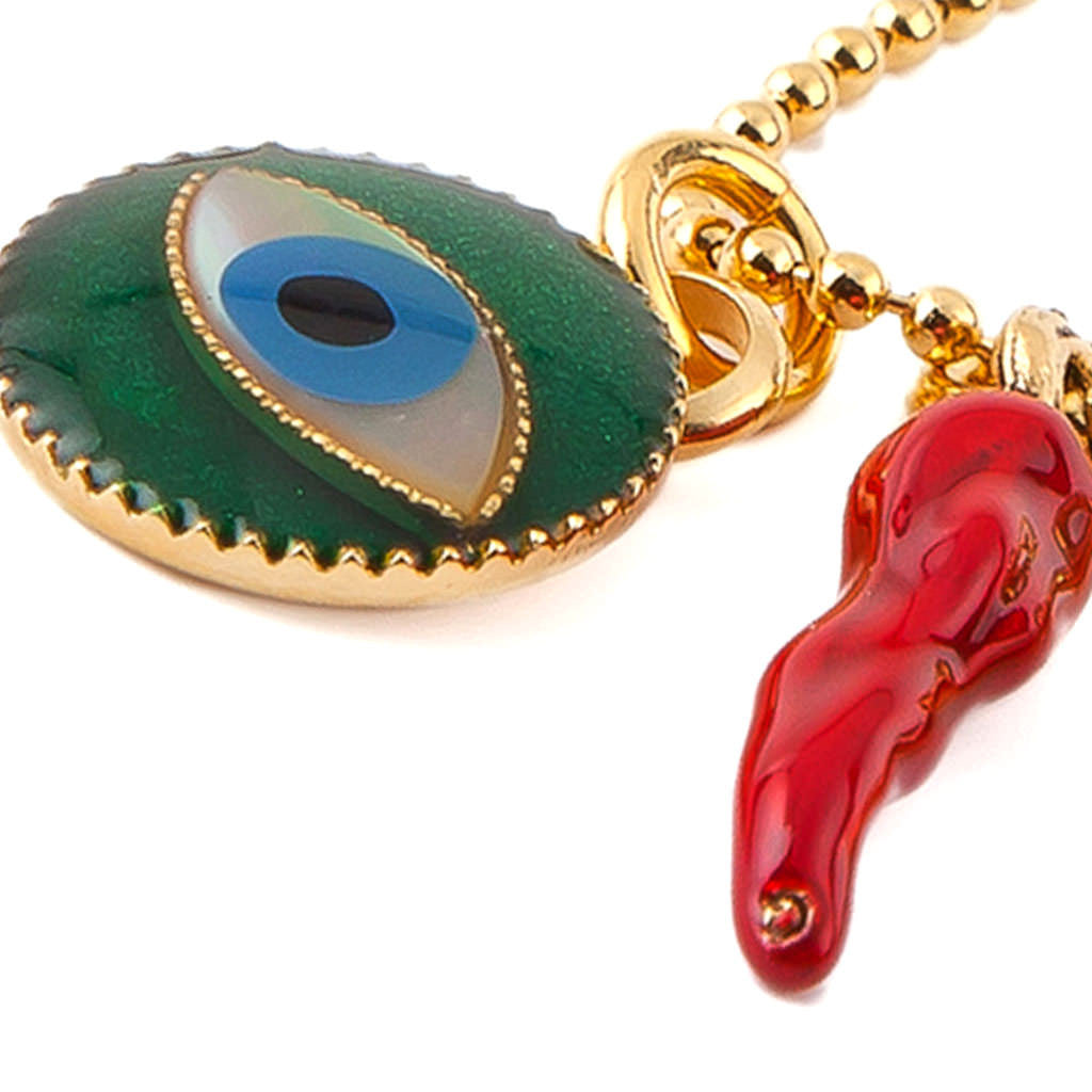 Dana Levy Enamel Evil Eye Token Charm Trio Ball Chain Necklace - Detail Emerald