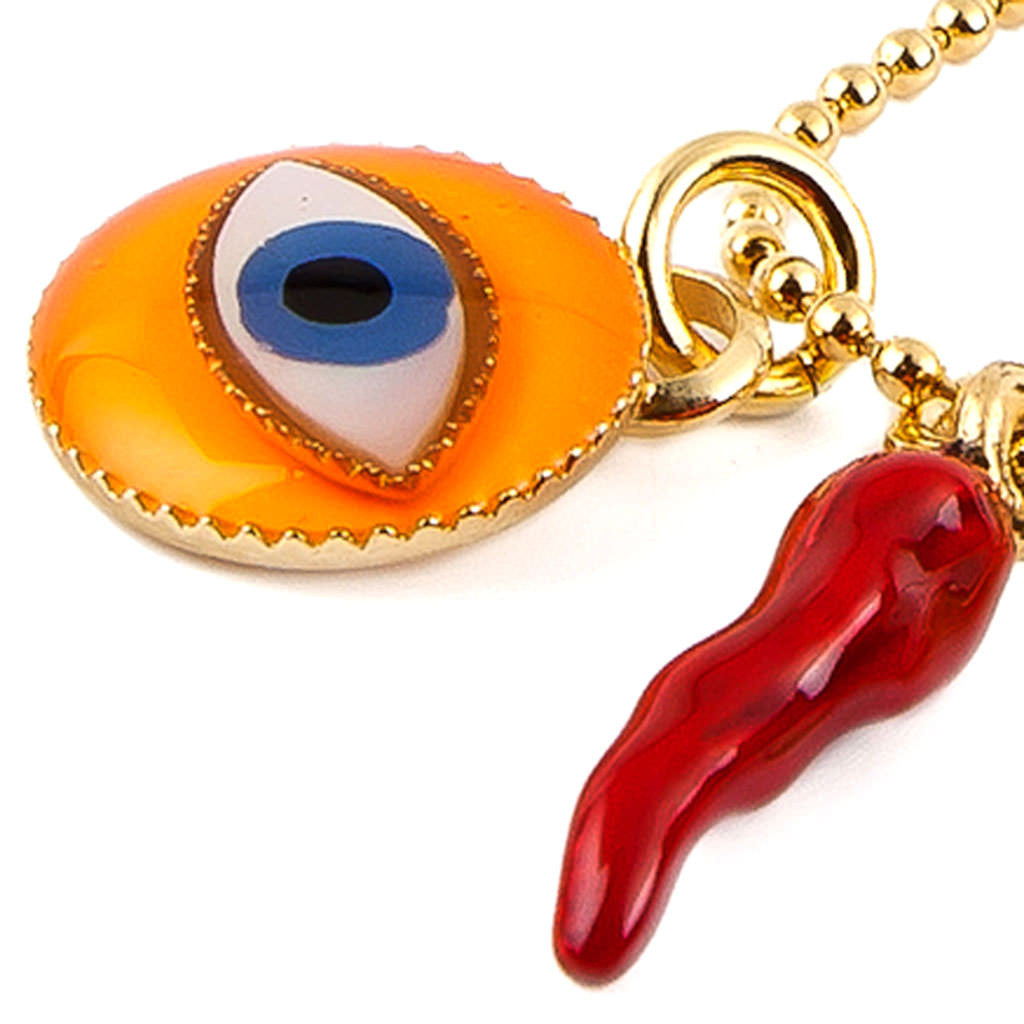 Dana Levy Neon Enamel Evil Eye Token Charm Trio Ball Chain Necklace - Detail Neon Orange