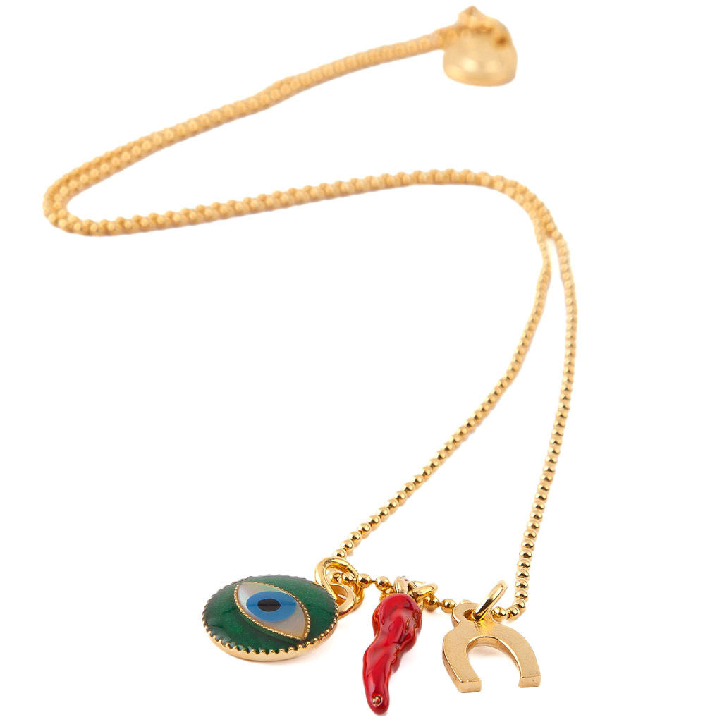 Dana Levy Enamel Evil Eye Token Charm Trio Ball Chain Necklace - Emerald