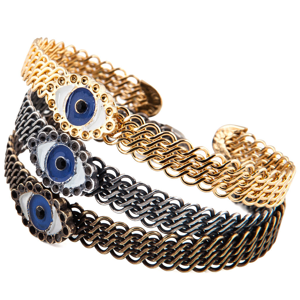 Dana Levy enamel evil eye charm mesh cuff bracelets Trio