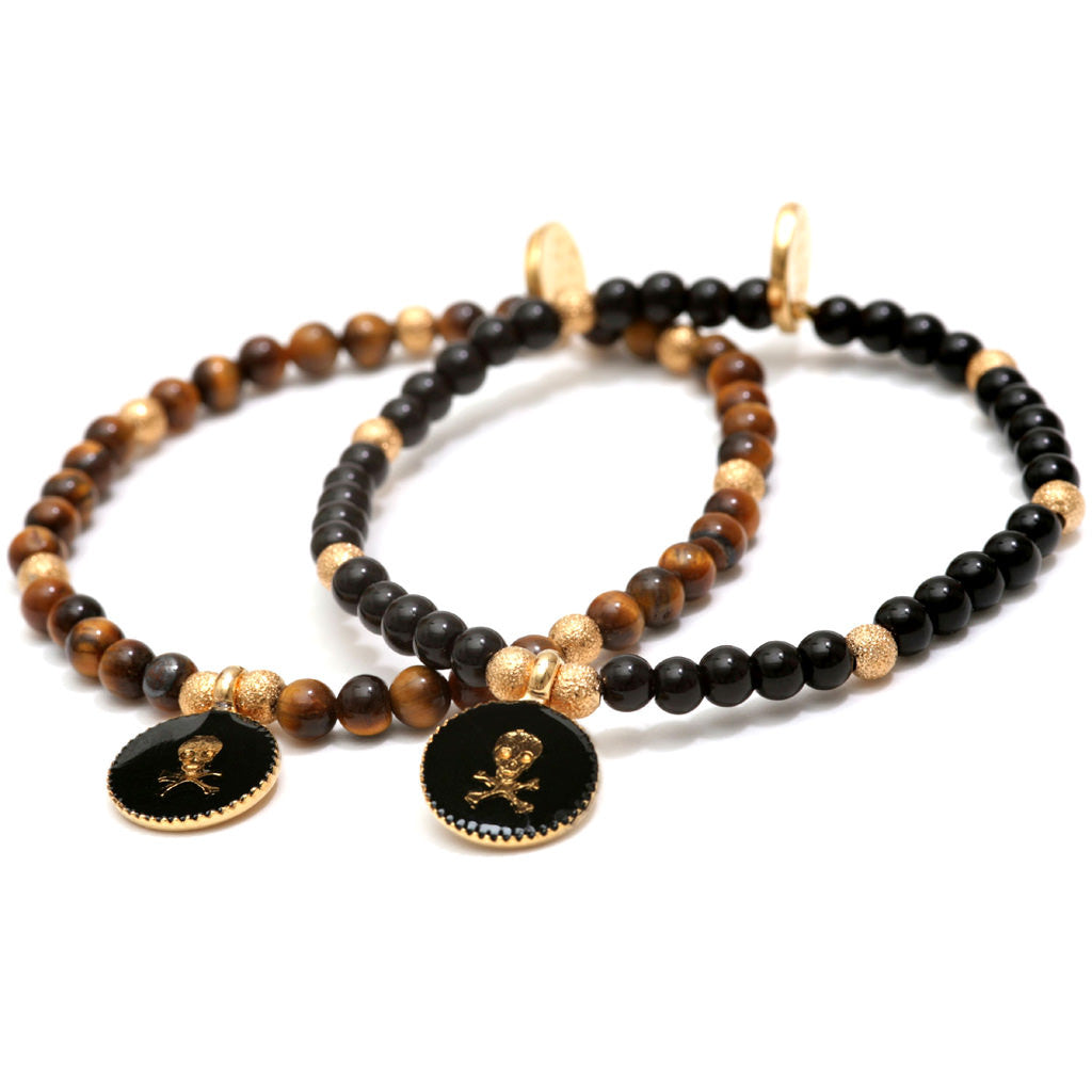 Dana Levy Enamel Skull Charm Token Gemstone Bracelets - Tiger Eye and Black Onyx