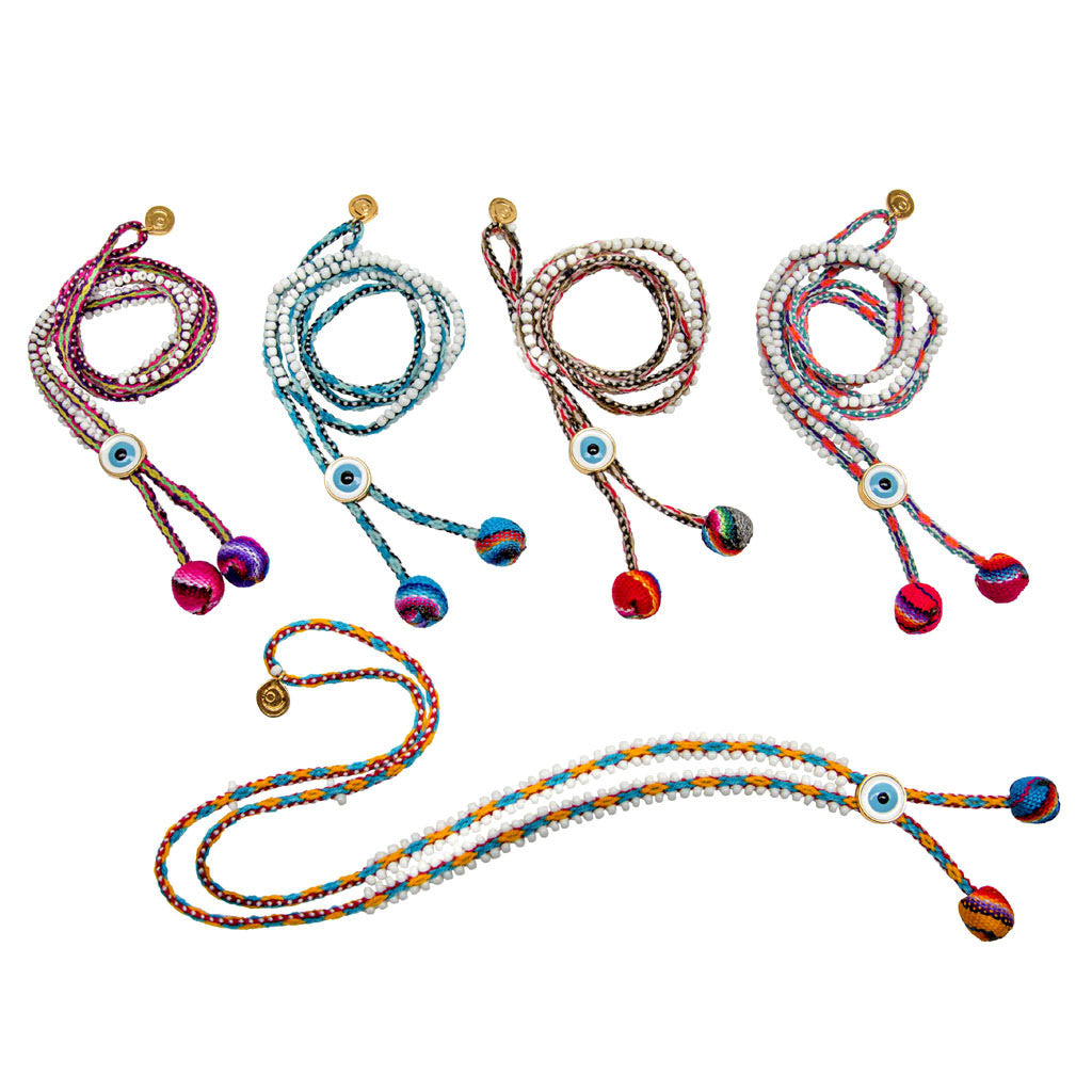 Dana Levy Lima Evil Eye Pom Pom Beaded Cord Necklaces - Open and Closed