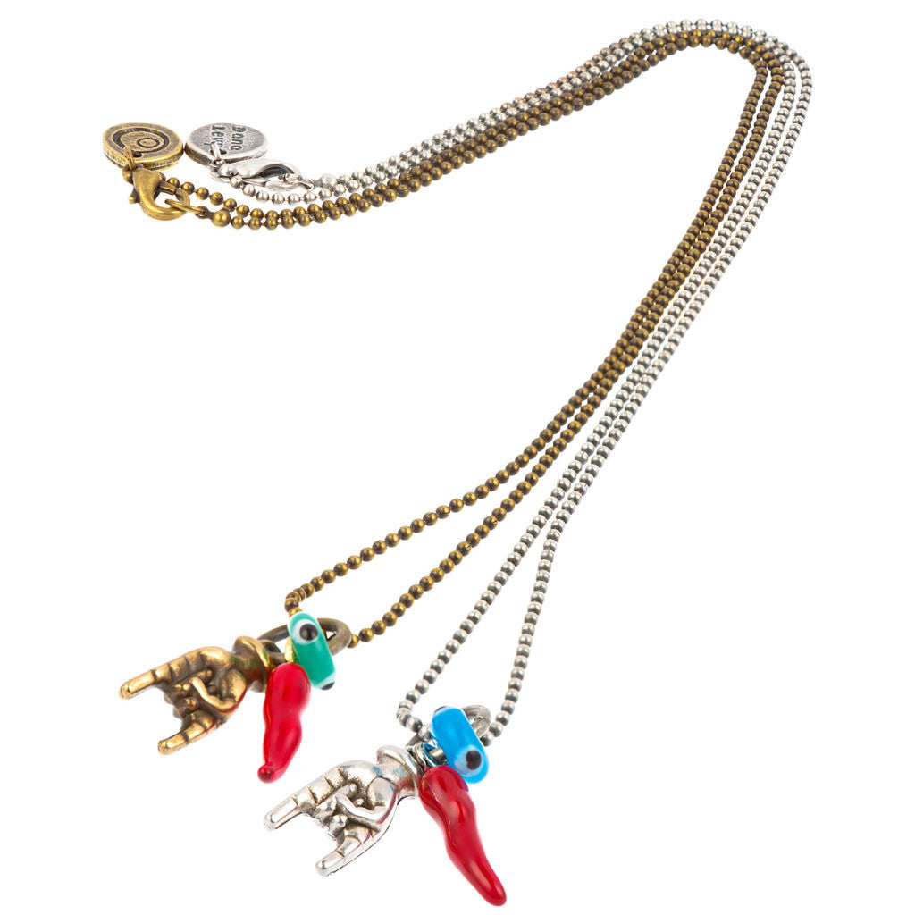 Dana Levy Mano Cornuto Hand Charm Trio Ball Chain Necklace - Antique Gold and Antique Silver