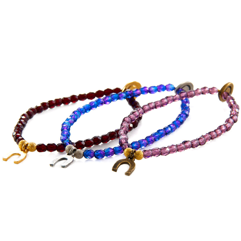 Dana Levy Mini Horseshoe Charm Faceted Glass Bead Bracelets Trio