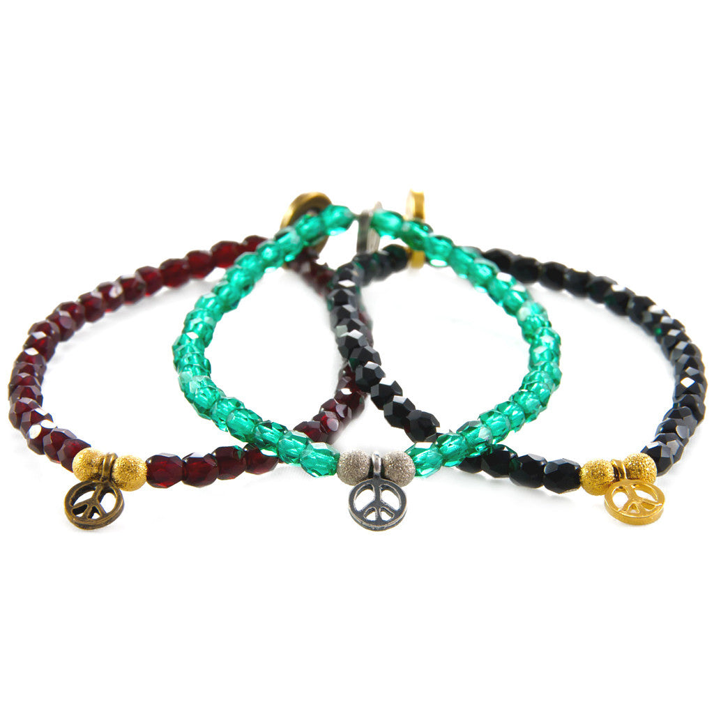 Dana Levy Mini Peace Symbol Charm Faceted Glass Bead Bracelets Trio