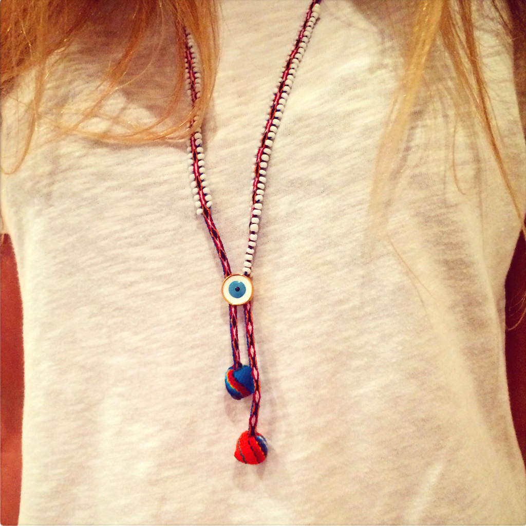 Dana Levy Lima Evil Eye Pom Pom Beaded Cord Necklace - on Model