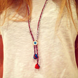 Dana Levy Lima Evil Eye Pom Pom Beaded Cord Necklace - on Model