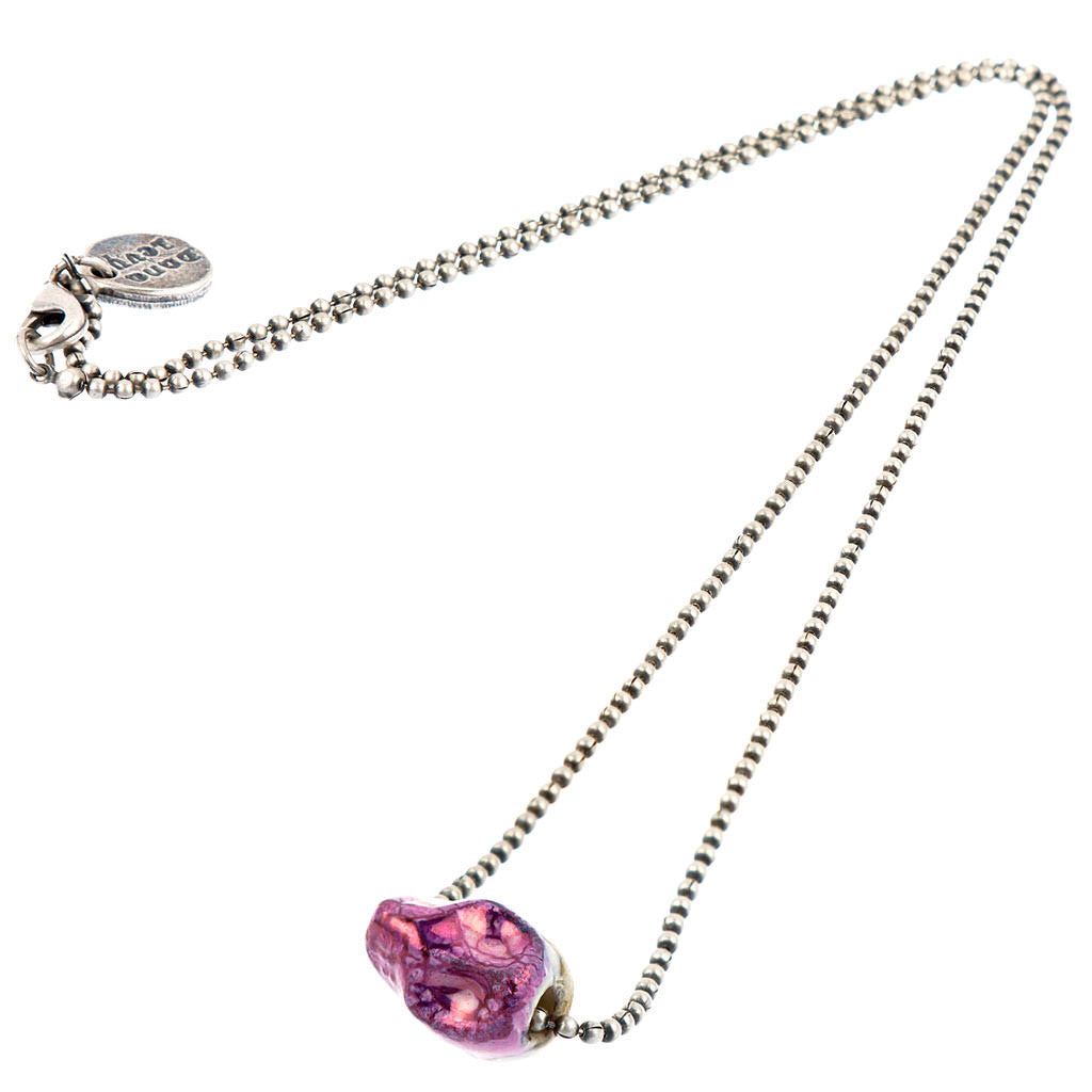 Dana Levy Mini Ceramic Skull Charm Ball Chain Necklace - Antique Silver Metallic Purple