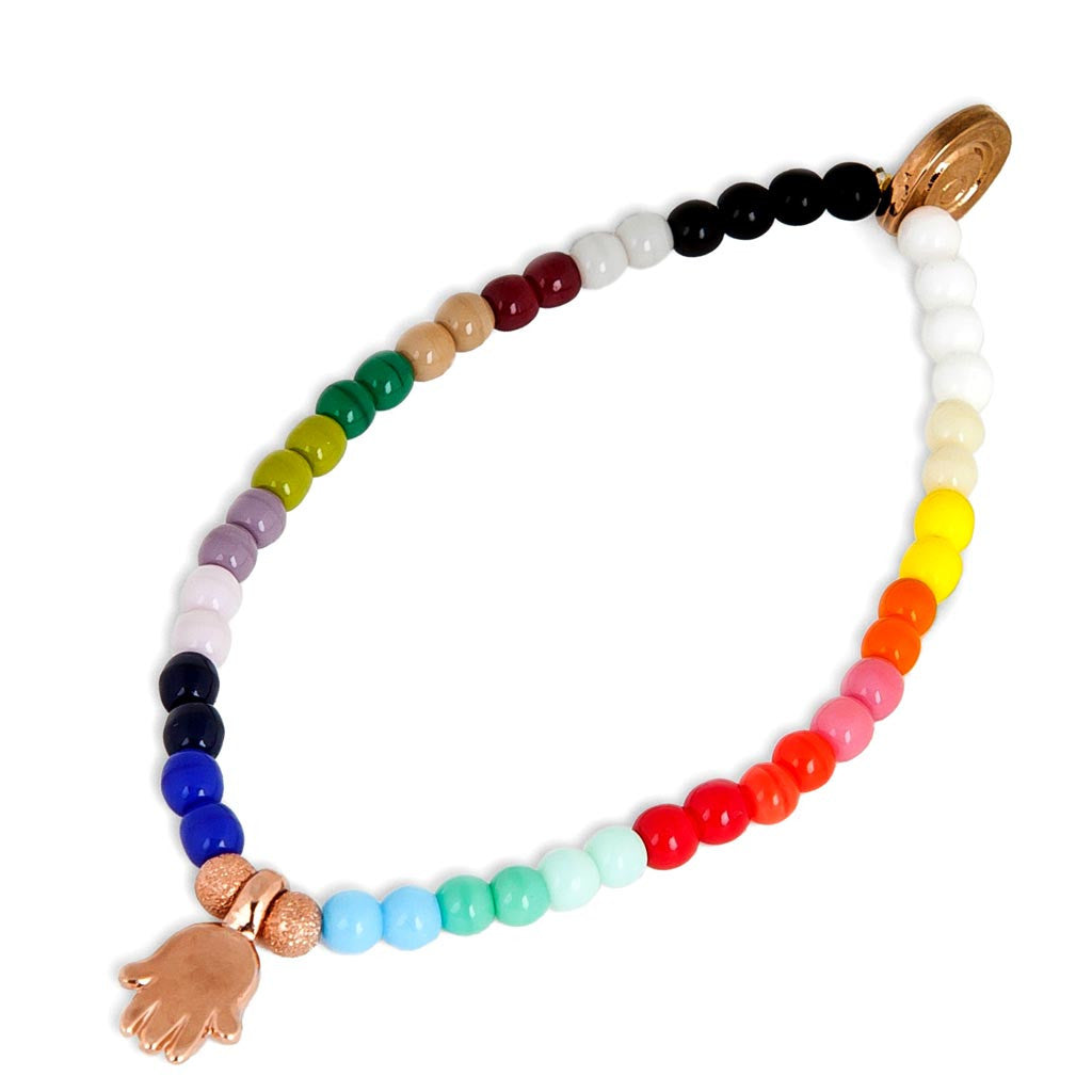 Dana Levy Mini Hamsa Hand Charm Rainbow Glass Bead Bracelet - Rose Gold
