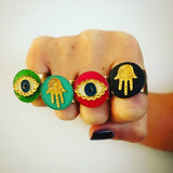 Dana Levy Neon Evil Eye Charm Ring - with Hamsa Hand Charm Rings on Fist