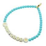 Dana Levy Mini Personalised Name Alphabet Cube Glass Bead Bracelet - Believe / Gold Letters on White Cubes / Turquoise Glass Beads