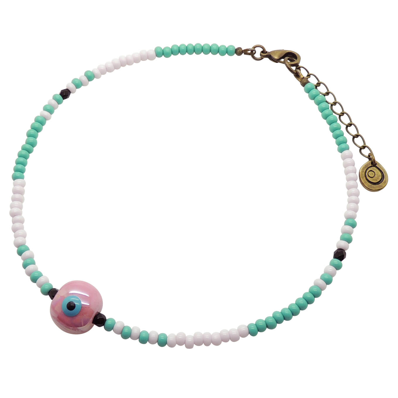 Dana Levy Ceramic Evil Eye Bubble Charm Two Tone Glass Bead Choker - Pearlized Pink Eye Aqua Light Pink Rocaille