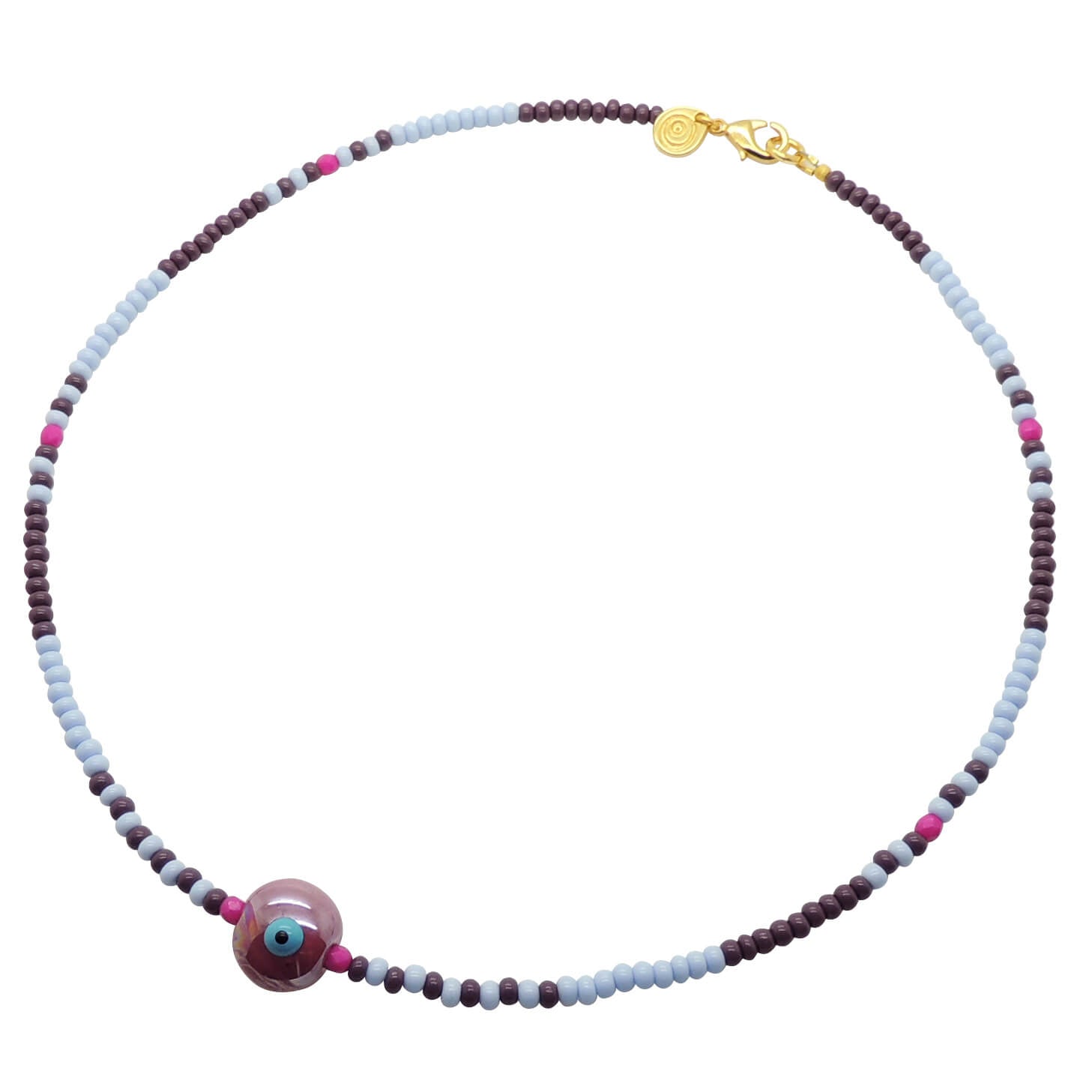 Dana Levy Ceramic Evil Eye Bubble Charm Two Tone Glass Bead Choker - Pearlized Purple Eye Grape Light Blue Rocaille