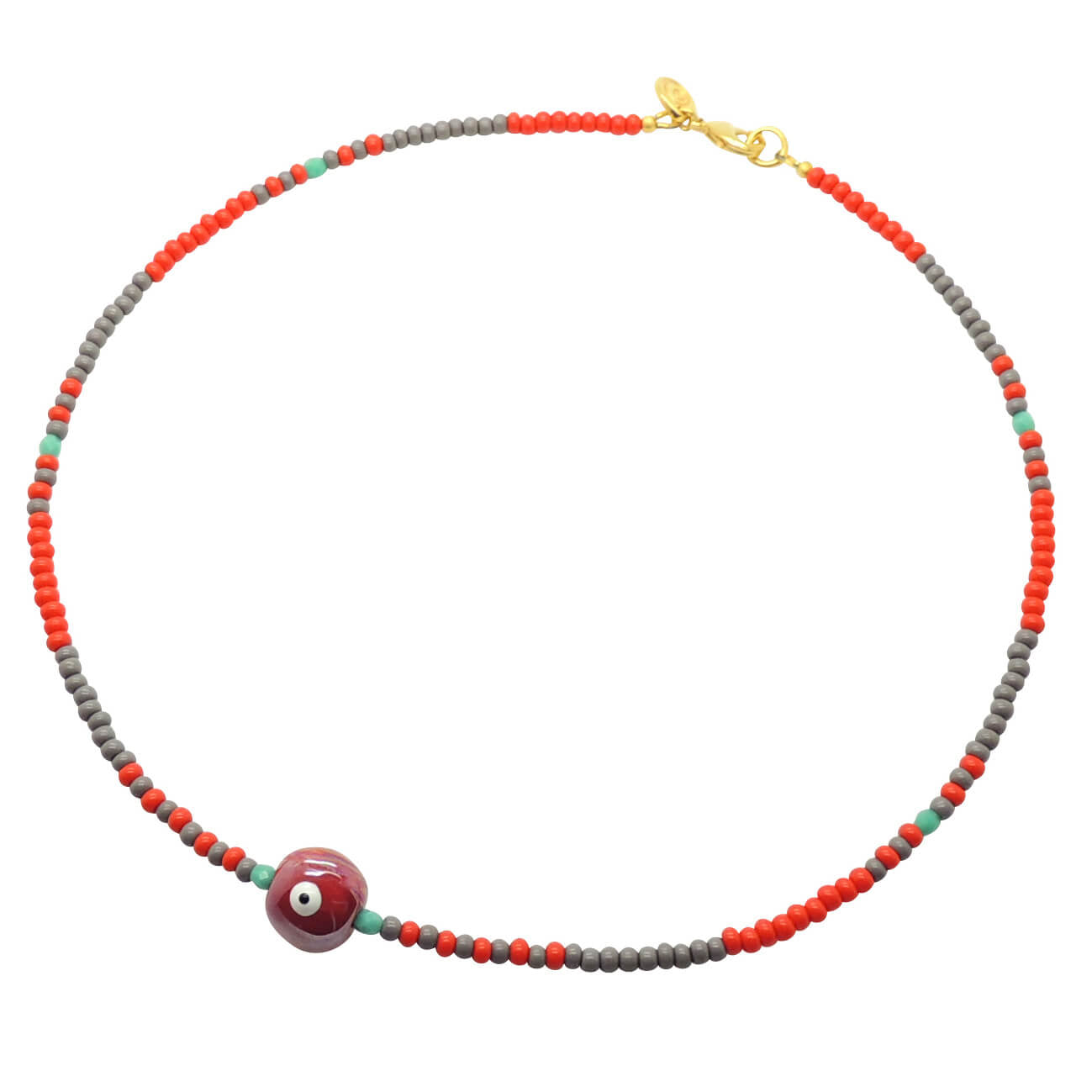 Dana Levy Ceramic Evil Eye Bubble Charm Two Tone Glass Bead Choker - Pearlized Red Eye Grey Coral Red Rocaille