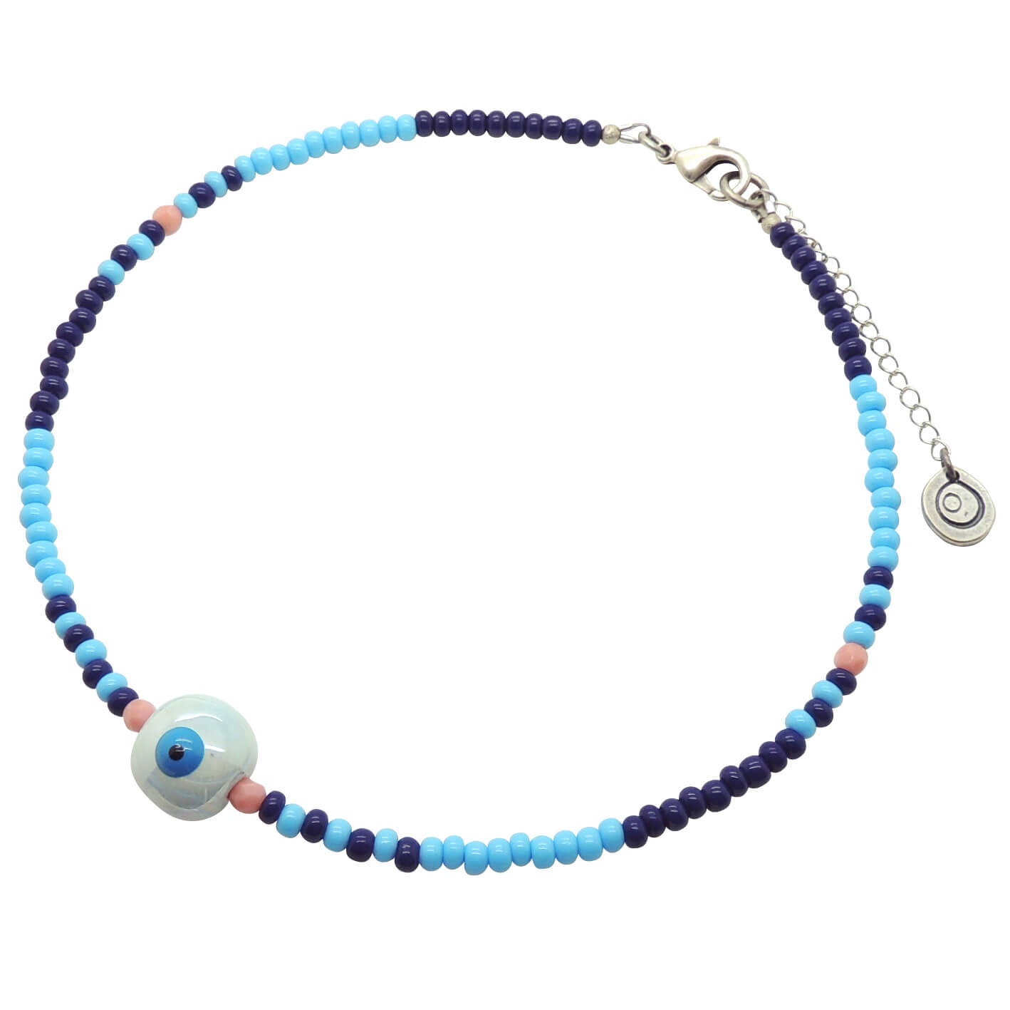 Dana Levy Ceramic Evil Eye Bubble Charm Two Tone Glass Bead Choker - Pearlized Light Blue Turquoise Midnight Blue Rocaille