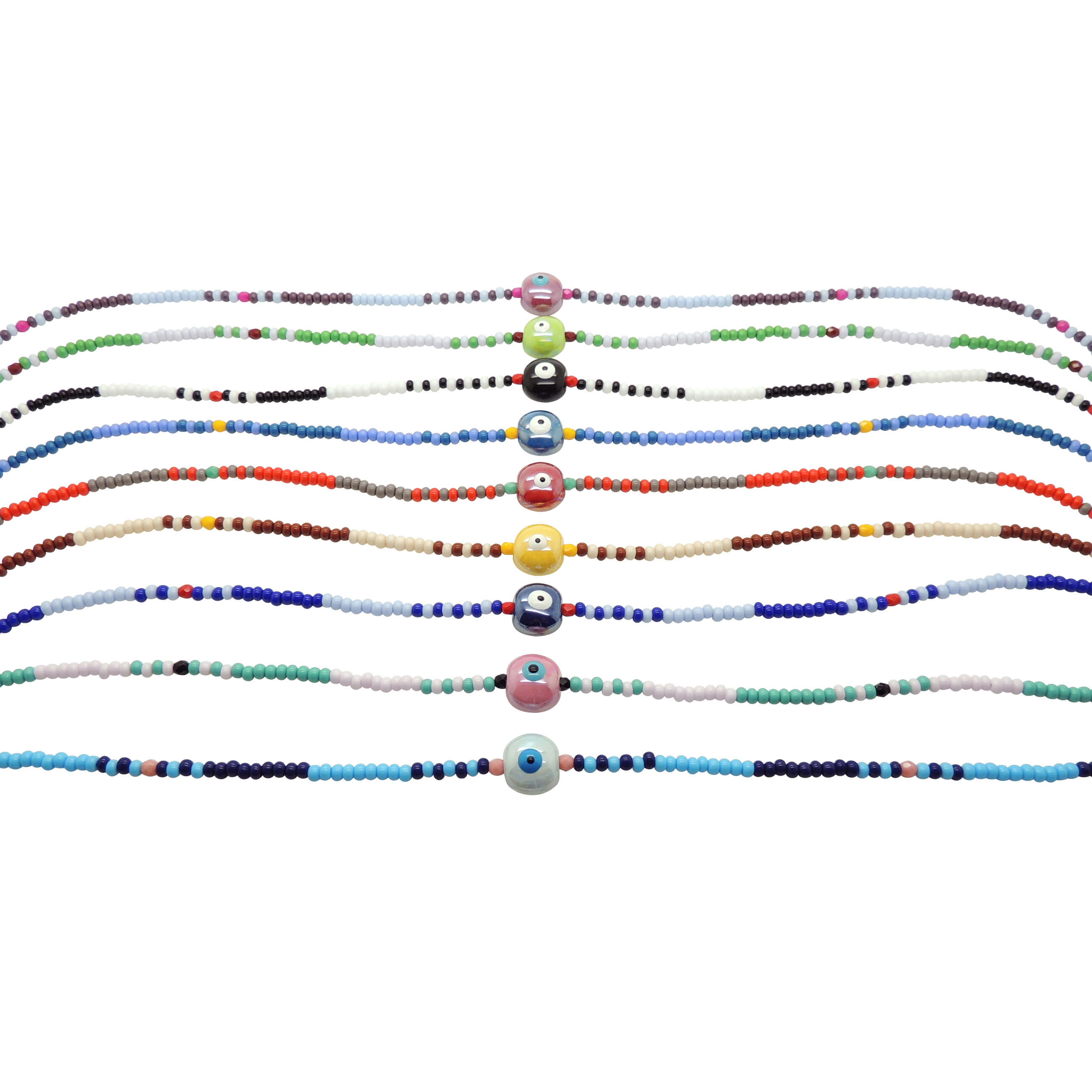 Dana Levy Ceramic Evil Eye Bubble Charm Two Tone Glass Bead Choker - Group Flatlay Mix
