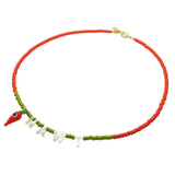 Dana Levy Hawt Mother of Pearl Charm Glass Rocaille Bead Necklace - Red Chilli Coral Red Olive Glass Beads