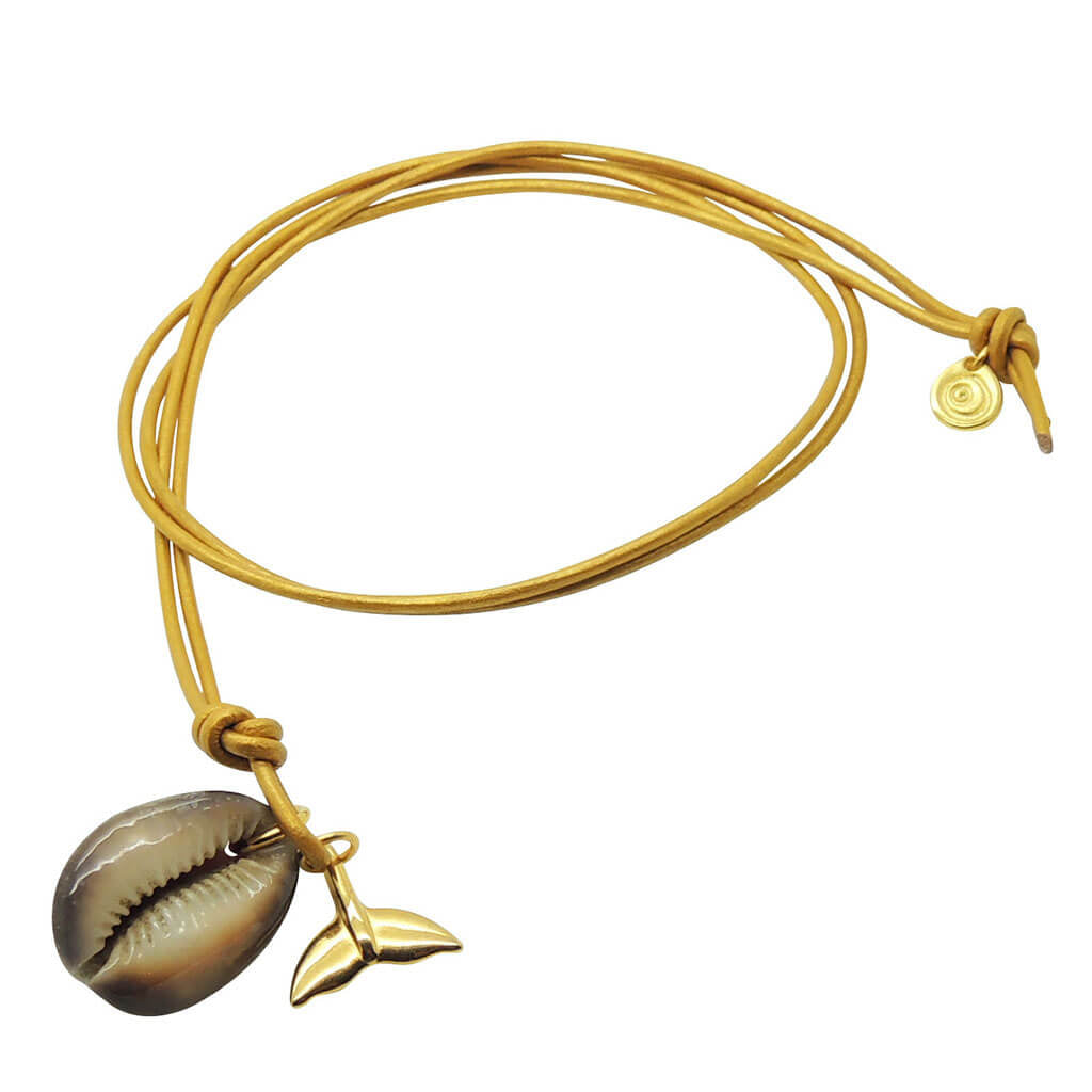 Dana Levy Cobra Cowrie Seashell Mermaid Tail Charm Duo Leather Cord Necklace - With gold leather cord. 