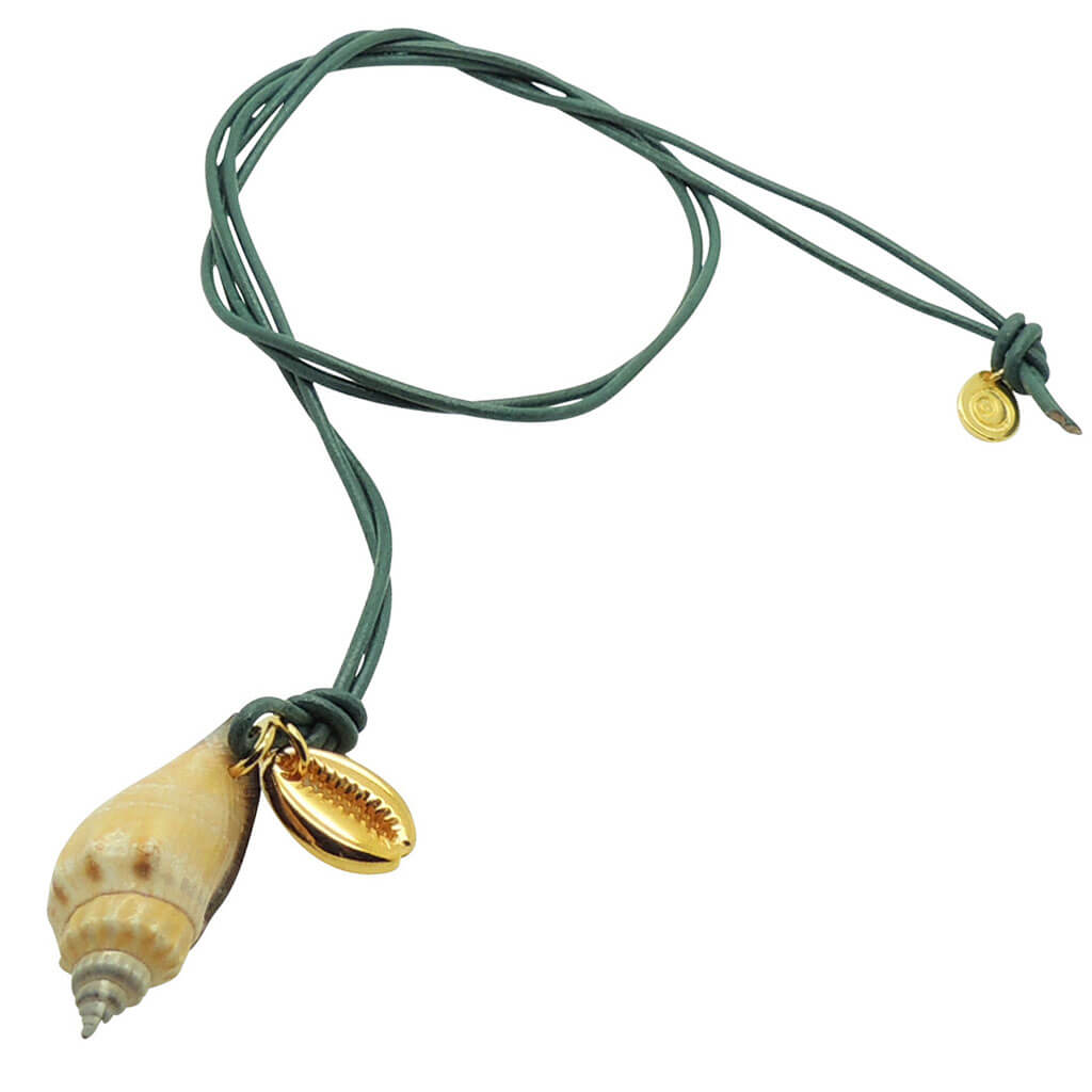 Dana Levy Conch Seashell Charm Duo Leather Cord Necklace in Teal Leather Cord. 