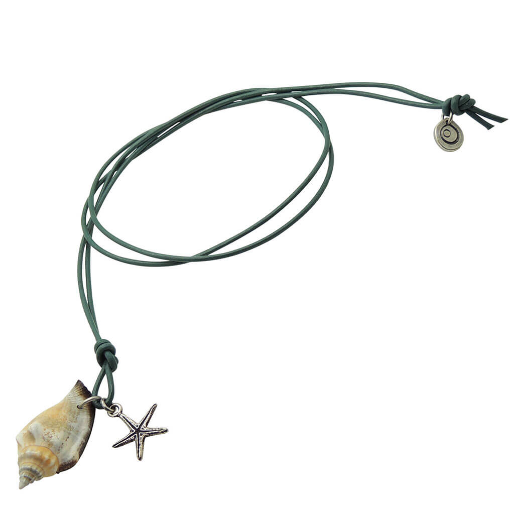 Dana Levy Conch Seashell Starfish Charm Duo Leather Cord Necklace - Antique Silver Starfish Charm and Teal Green Leather Cord