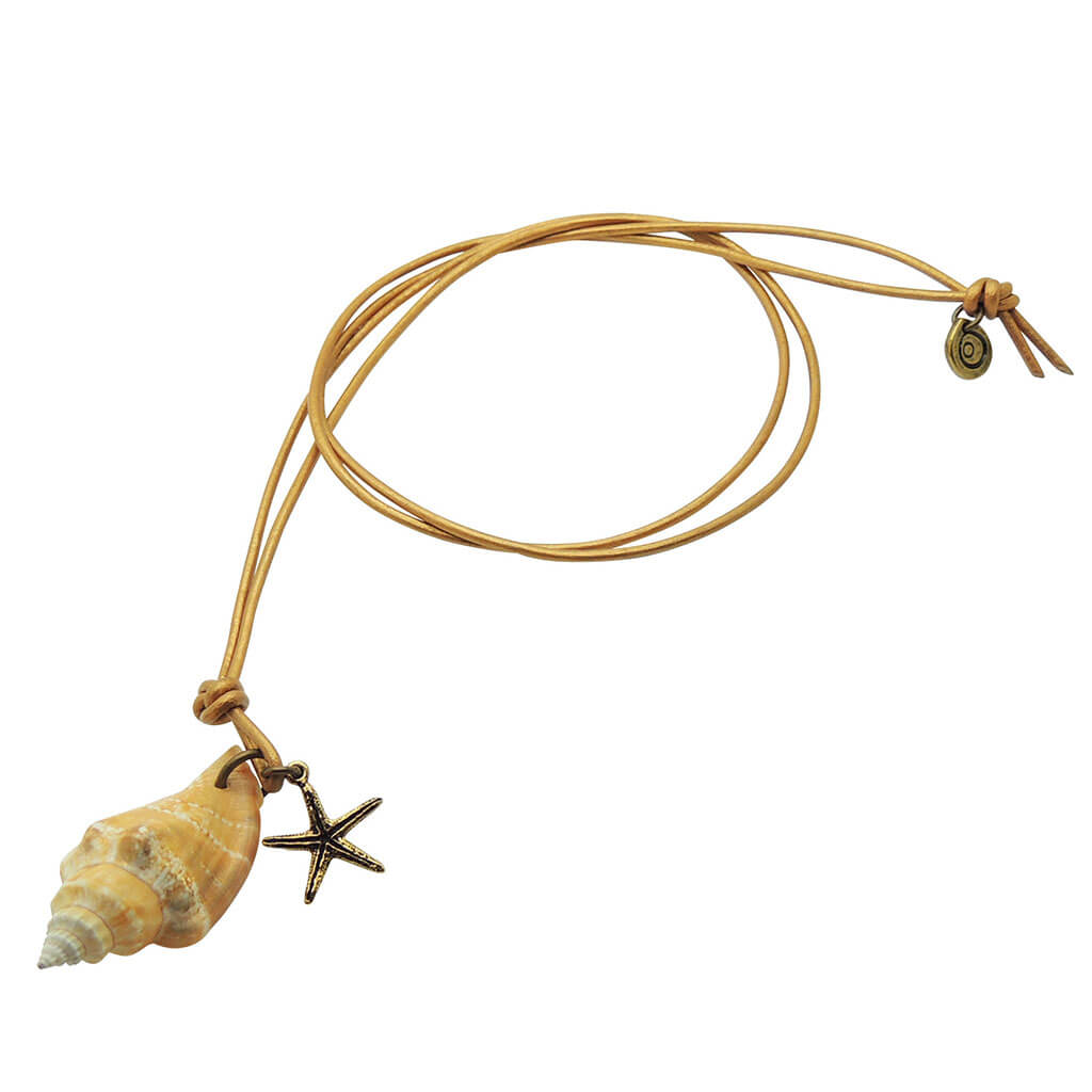 Dana Levy Conch Seashell Starfish Charm Duo Leather Cord Necklace - Antique gold starfish charm with gold leather cord.
