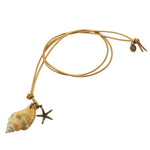 Dana Levy Conch Seashell Starfish Charm Duo Leather Cord Necklace - Antique gold starfish charm with gold leather cord.