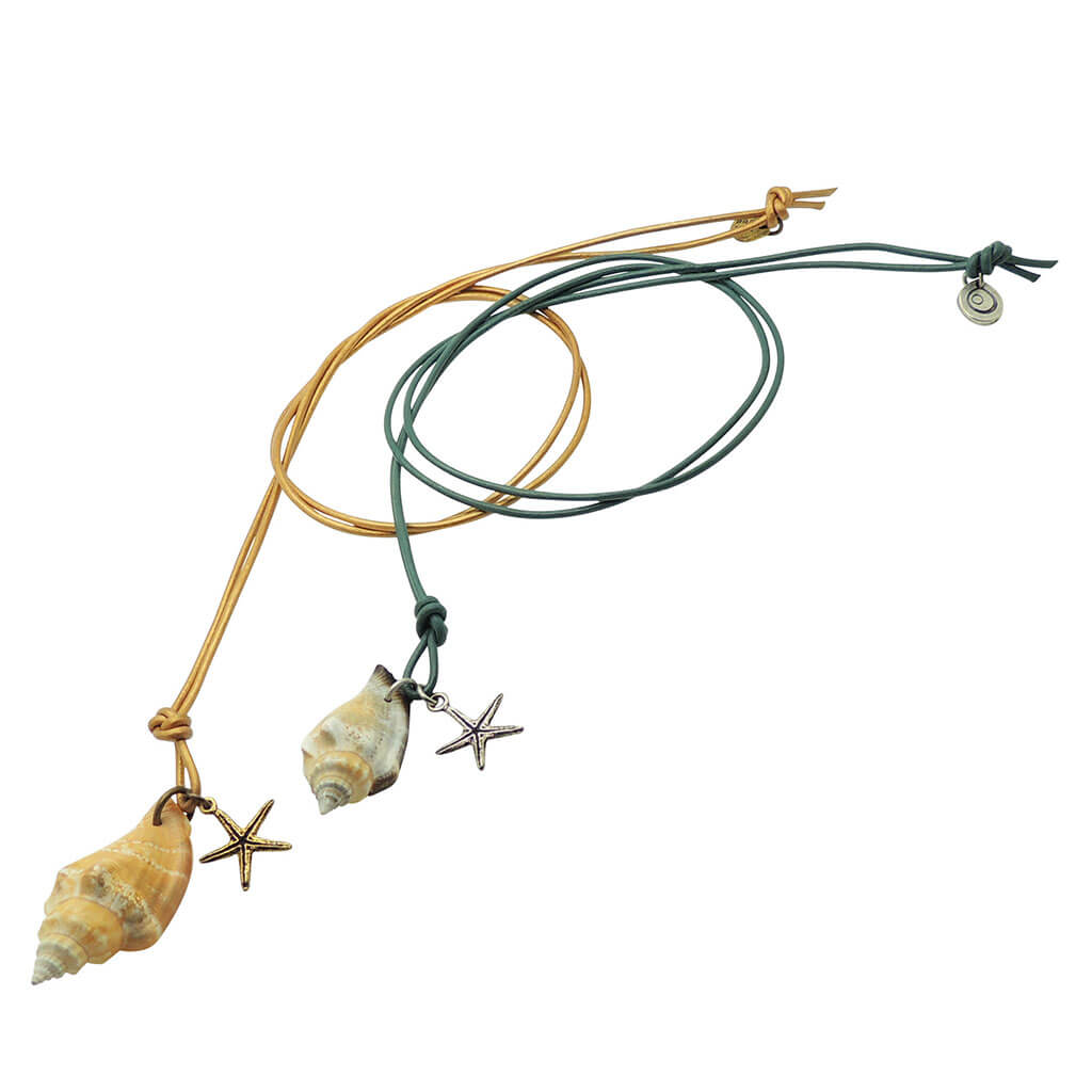 Dana Levy Conch Seashell Starfish Charm Duo Leather Cord Necklace - Pair of Necklaces in antique gold with gold cord and antique silver with teal cord.