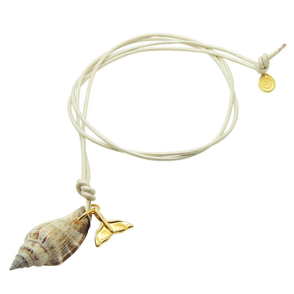 Dana Levy Conch Seashell Mermaid Tail Charm Duo Leather Cord Necklace, With a pearlised white leather cord.