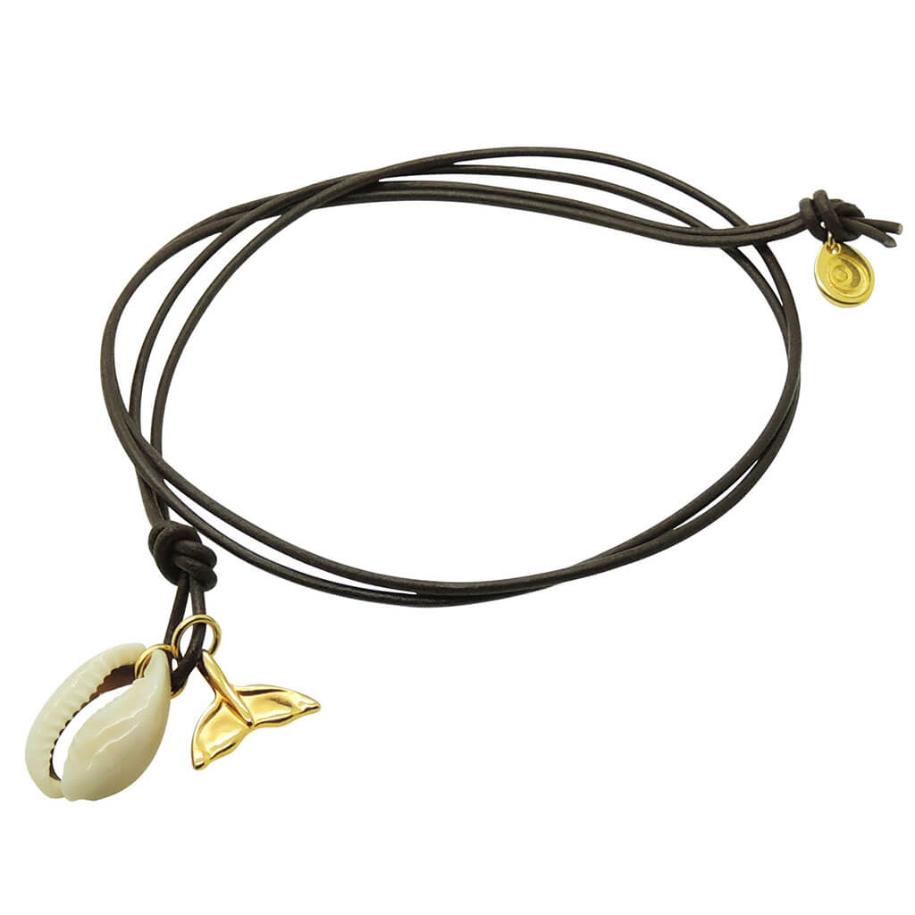 Dana Levy Cowrie Seashell Mermaid Tail Charm Duo Leather Cord Necklace - With Dark Brown Leather Cord.