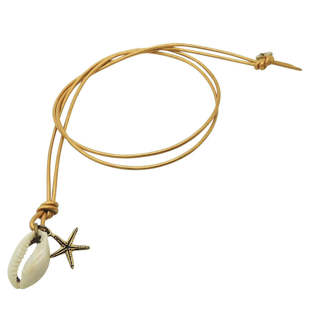 Dana Levy Cowrie Seashell Starfish Charm Duo Leather Cord Necklace with gold leather cord and an antique gold starfish charm.