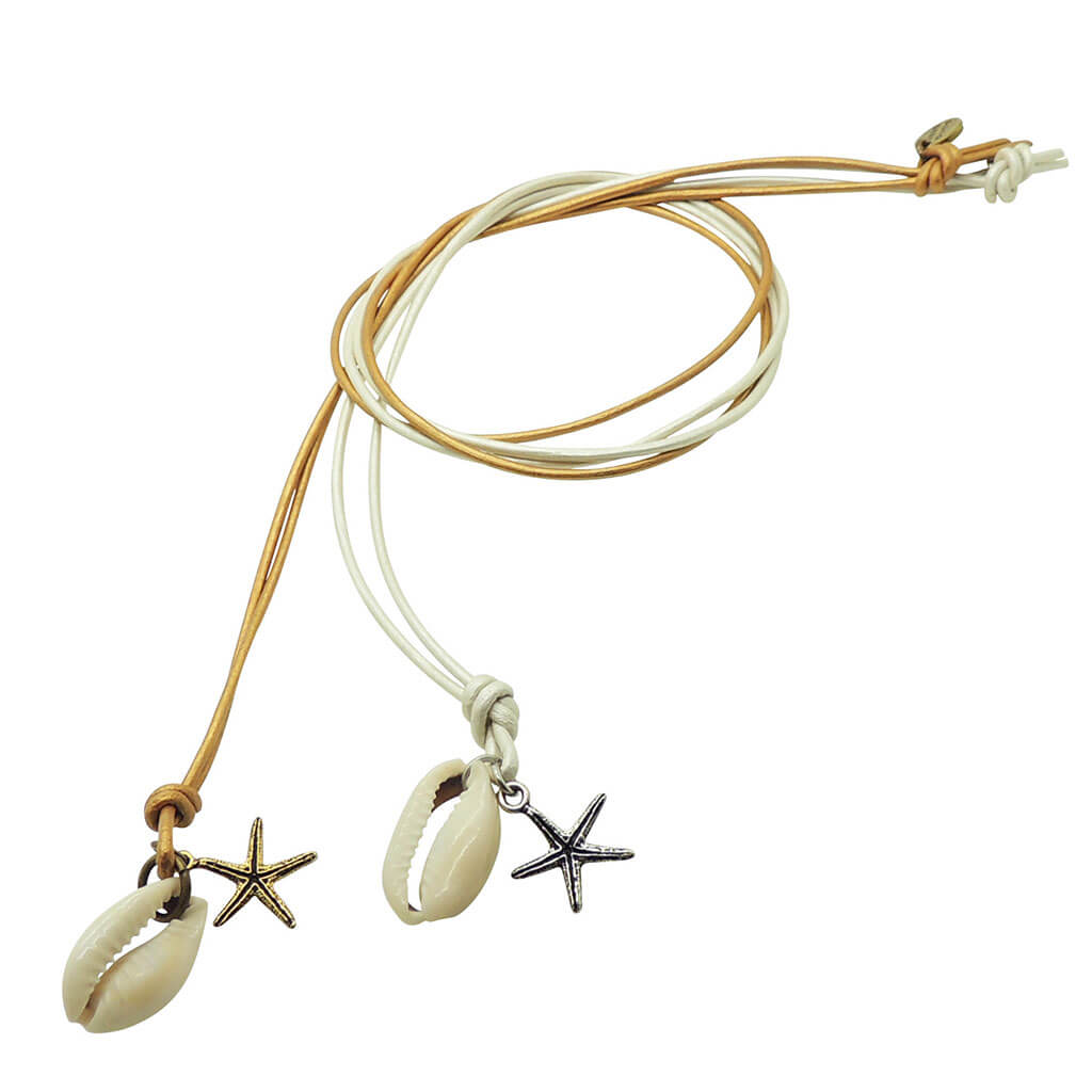 Dana Levy Cowrie Seashell Starfish Charm Duo Leather Cord Necklaces in Gold and pearlized white leather cords. 