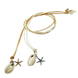 Dana Levy Cowrie Seashell Starfish Charm Duo Leather Cord Necklaces in Gold and pearlized white leather cords. 