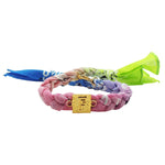 Dana Levy Alphabet Charm Bandana Braid Bracelet with the letter F on a  Blue Lilac Pink Green Ombre Tie Dye Bandana Braid Bracelet.