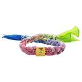 Dana Levy Alphabet Charm Bandana Braid Bracelet with the letter F on a  Blue Lilac Pink Green Ombre Tie Dye Bandana Braid Bracelet.