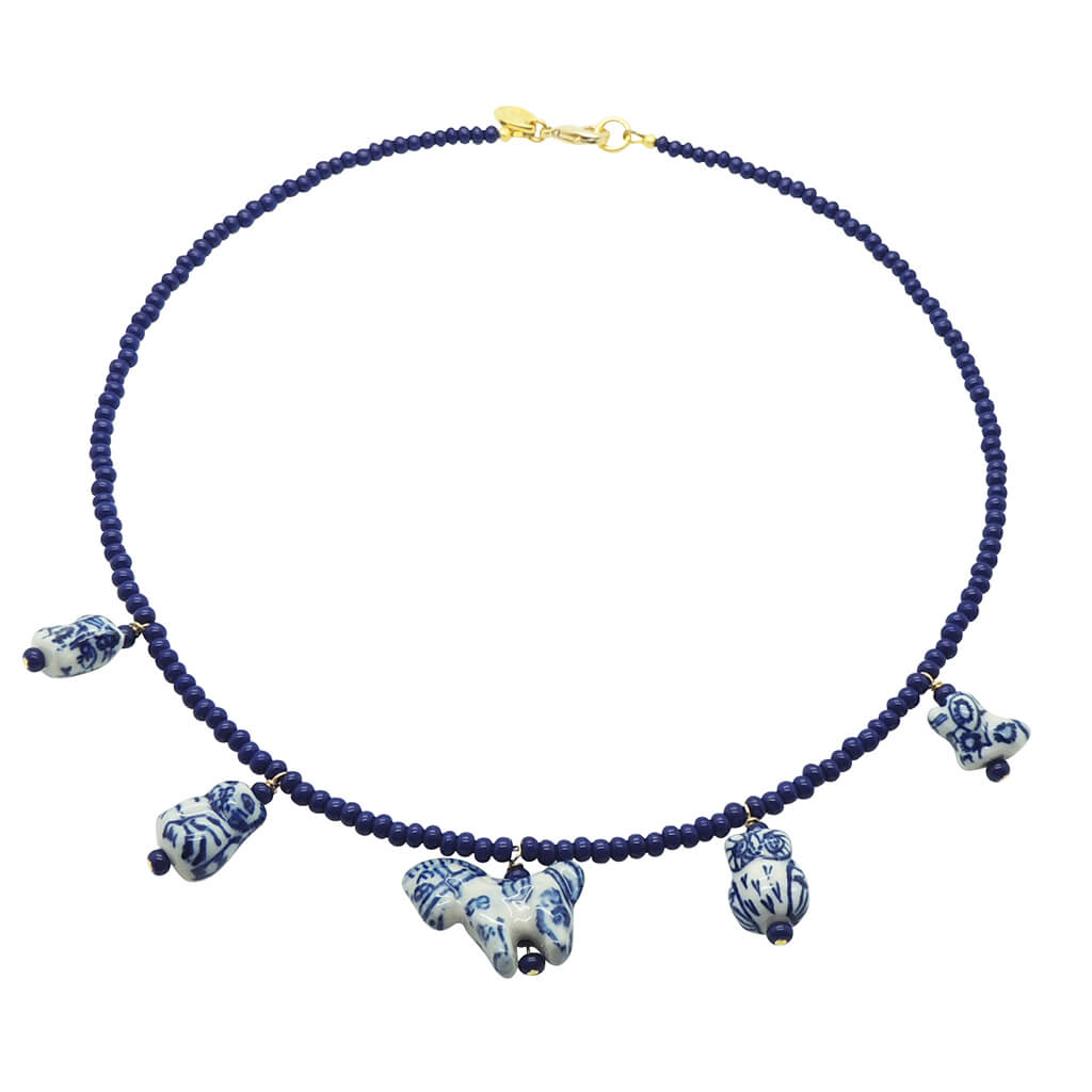 Dana Levy Blue & White Porcelain Pet Animal Charms Glass Rocaille Bead Necklace - Midnight Blue Beads