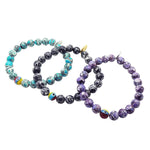 Dana Levy Camouflage Evil Eye Amulet Agate Gemstone Bead Bracelets Trio in Turquoise, Black and Purple Cracked Agate. 