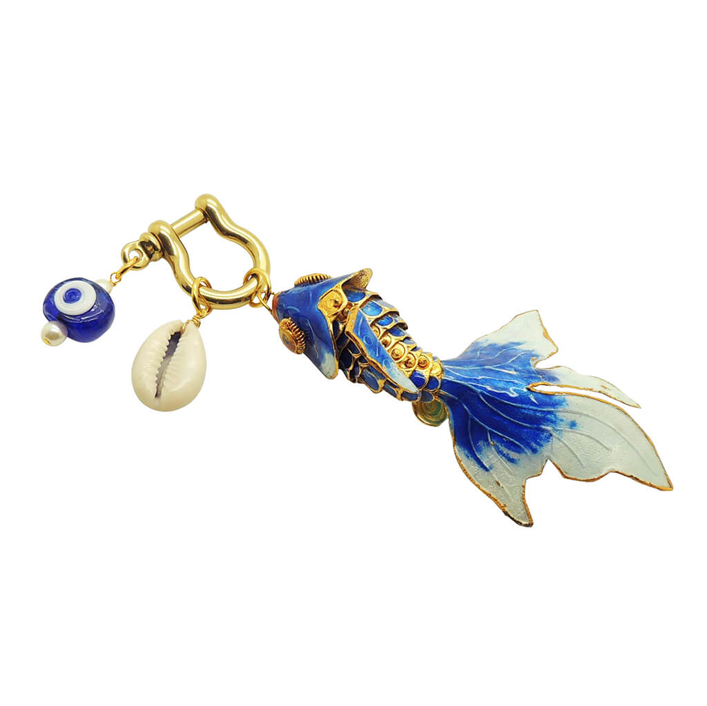 Dana Levy Enchanted Fish Bag Charm - Royal Blue Evil Eye and Blue Cloisonne Fish