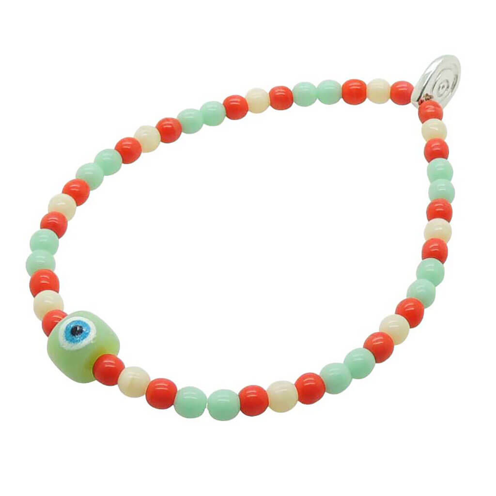 Dana Levy Evil Eye Candy Charm Glass Bead Trio Bracelet - Mint Green Evil Eye Charm Coral Ivory Mint Glass Beads