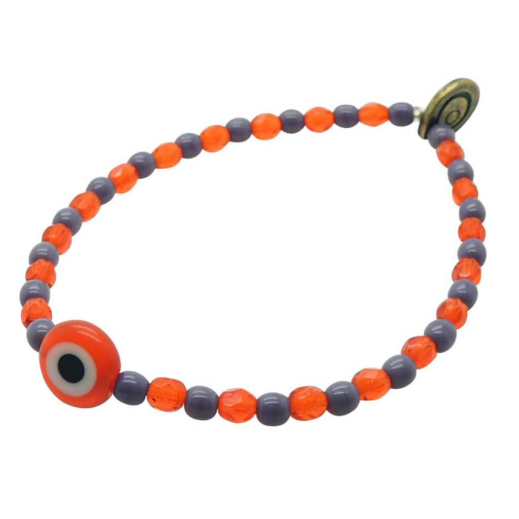 Dana Levy Evil Eye Charm Glass Crystal Bead Mix Bracelet - Orange Evil Eye Dark Lilac Opaque Glass Bead Orange Faceted Bead